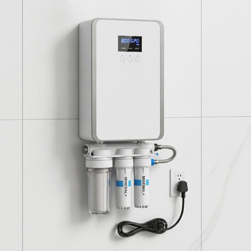 Kompaktes Umkehrosmose-Wasserbehandlungssystem 800 GPD alkalischer Mineralfilter Wandmontiertes Design 110V 60Hz